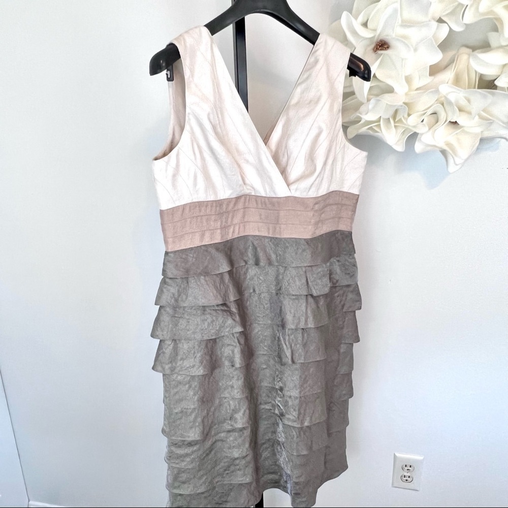 Adrianna Papell Cream, Taupe, and Tan Iridescent Empire Waist Evening Dr…